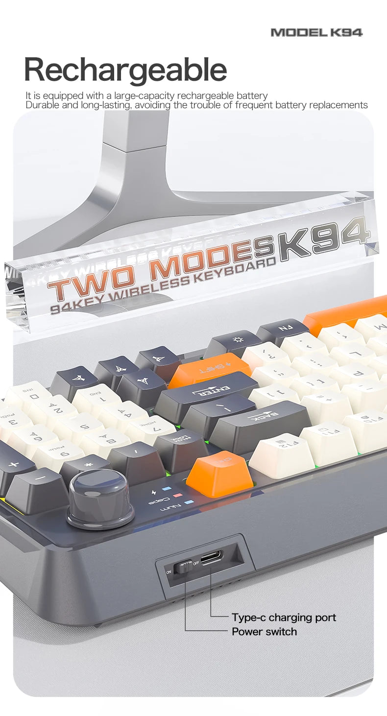 Clavier Gaming Sans Fil K94 – Double Connexion Bluetooth 5.0 & 2.4 GHz, Format Compact 95 Touches, Rétroéclairage LED Rainbow, Frappe Silencieuse & Design Épuré