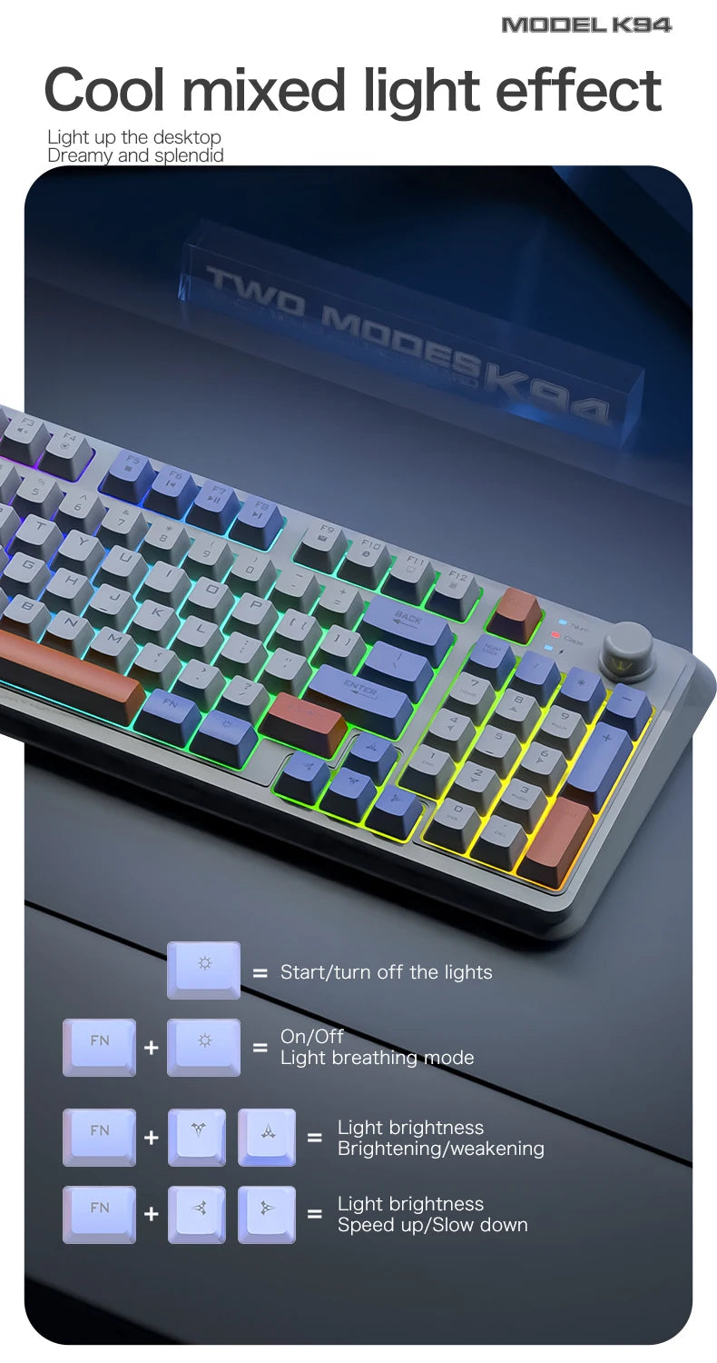 Clavier Gaming Sans Fil K94 – Double Connexion Bluetooth 5.0 & 2.4 GHz, Format Compact 95 Touches, Rétroéclairage LED Rainbow, Frappe Silencieuse & Design Épuré