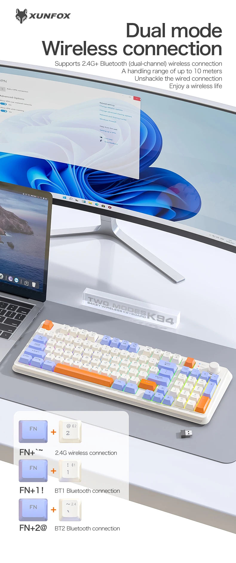 Clavier Gaming Sans Fil K94 – Double Connexion Bluetooth 5.0 & 2.4 GHz, Format Compact 95 Touches, Rétroéclairage LED Rainbow, Frappe Silencieuse & Design Épuré