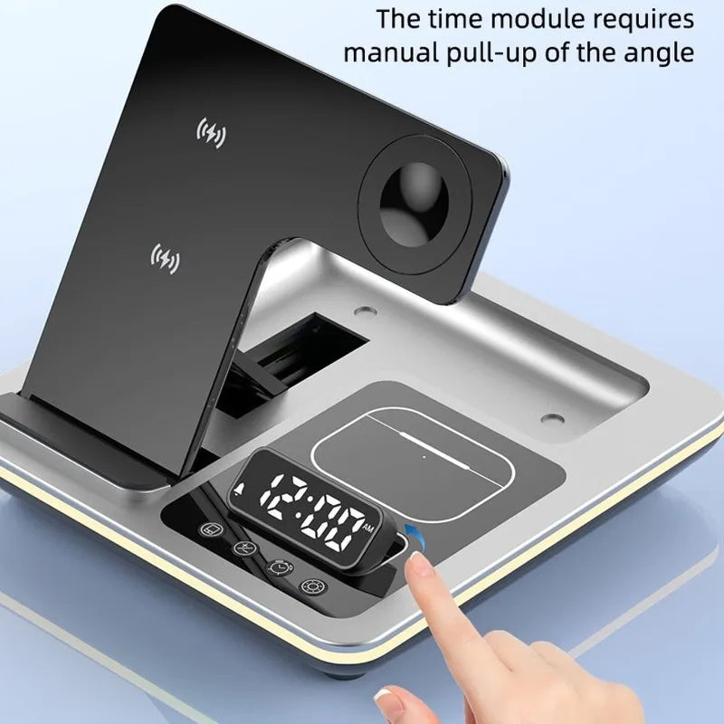 Station de Charge Sans Fil 5-en-1 Pliable avec Réveil & Éclairage LED
