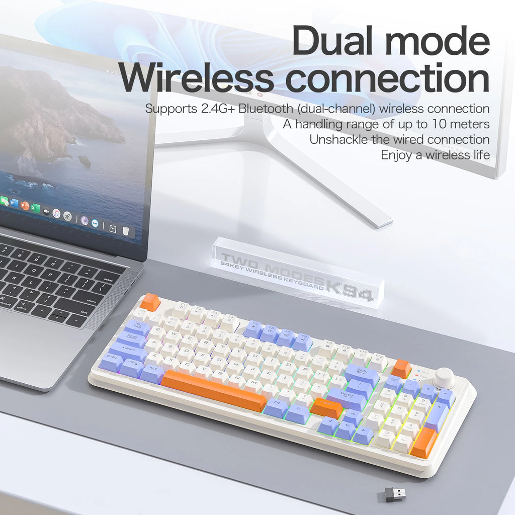 Clavier Gaming Sans Fil K94 – Double Connexion Bluetooth 5.0 & 2.4 GHz, Format Compact 95 Touches, Rétroéclairage LED Rainbow, Frappe Silencieuse & Design Épuré