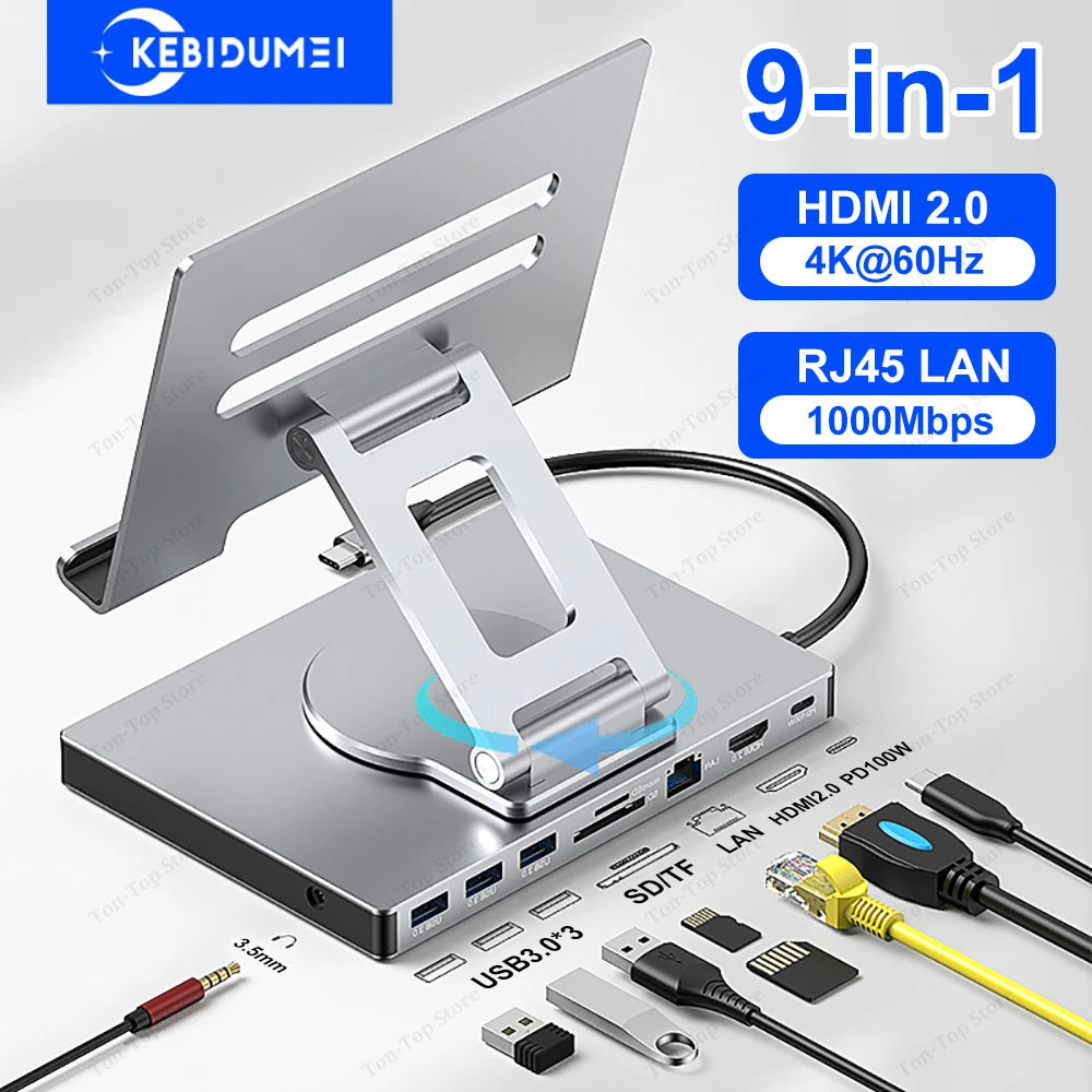 Station d’Accueil USB-C 9-en-1 avec Support Rotatif 360° – HDMI 4K & PD 100W