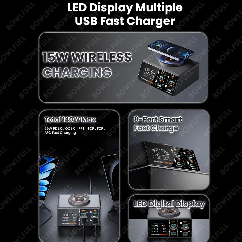Station de Charge 140W – 4 USB-C, 4 USB-A, Sans Fil Magnétique & Écran LCD