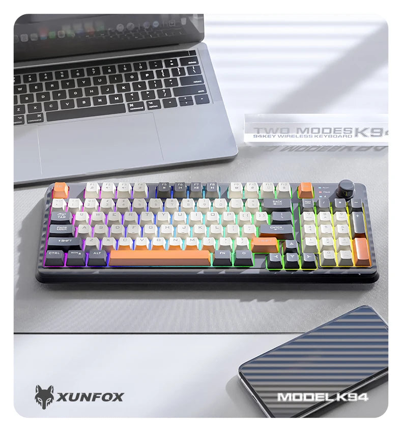 Clavier Gaming Sans Fil K94 – Double Connexion Bluetooth 5.0 & 2.4 GHz, Format Compact 95 Touches, Rétroéclairage LED Rainbow, Frappe Silencieuse & Design Épuré