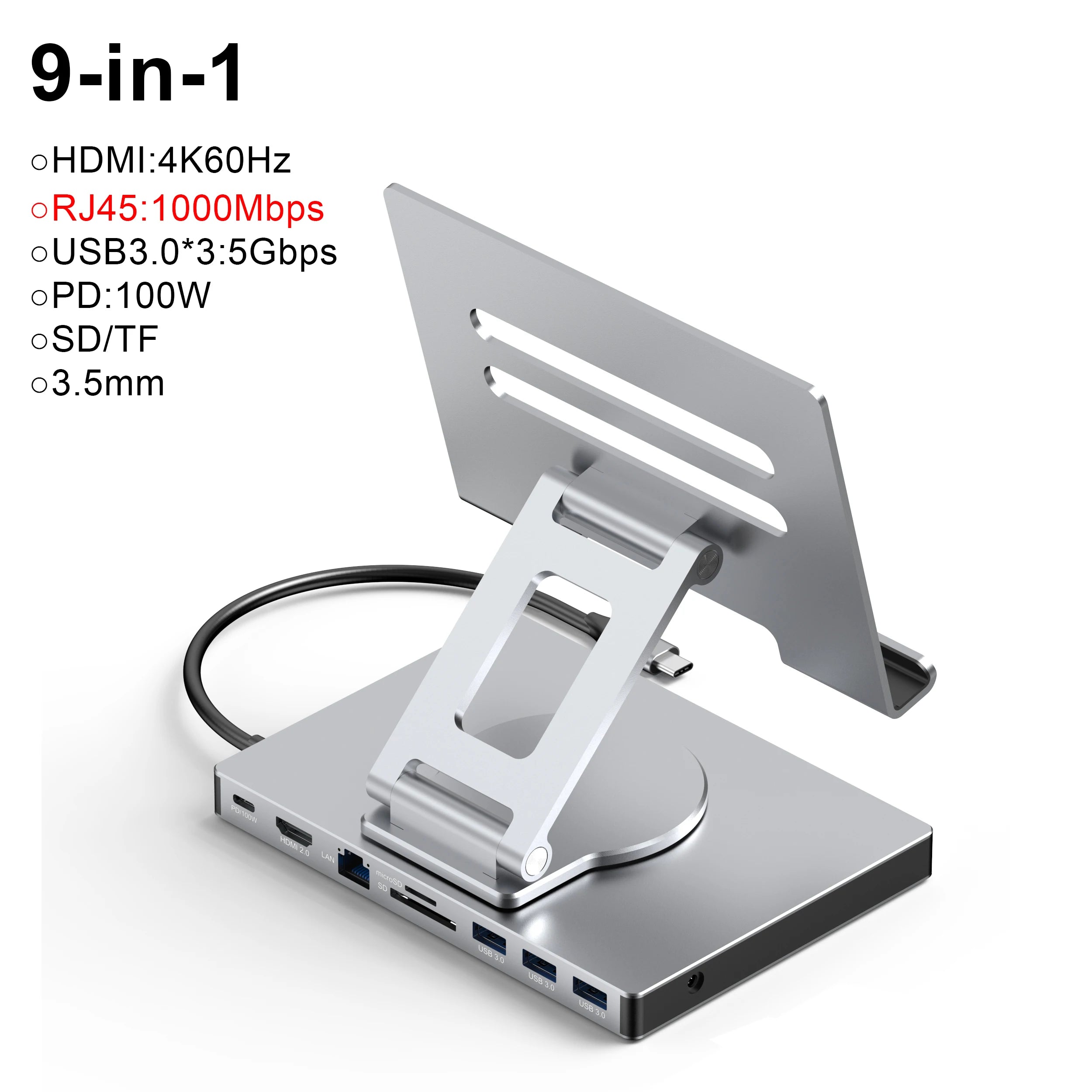 Station d’Accueil USB-C 9-en-1 avec Support Rotatif 360° – HDMI 4K & PD 100W