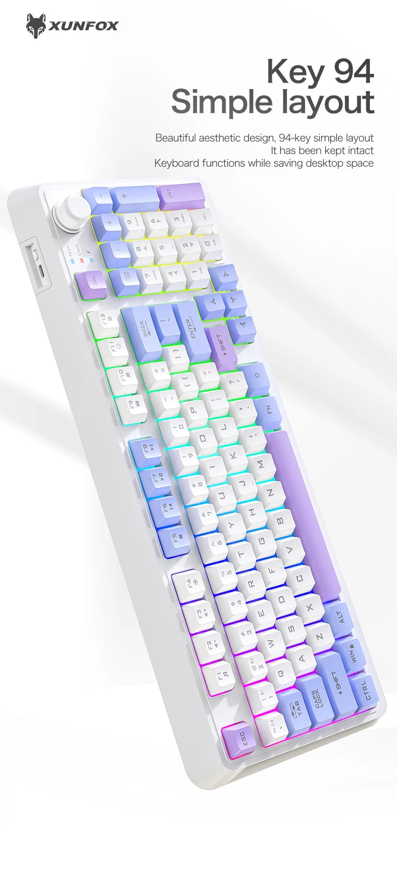 Clavier Gaming Sans Fil K94 – Double Connexion Bluetooth 5.0 & 2.4 GHz, Format Compact 95 Touches, Rétroéclairage LED Rainbow, Frappe Silencieuse & Design Épuré