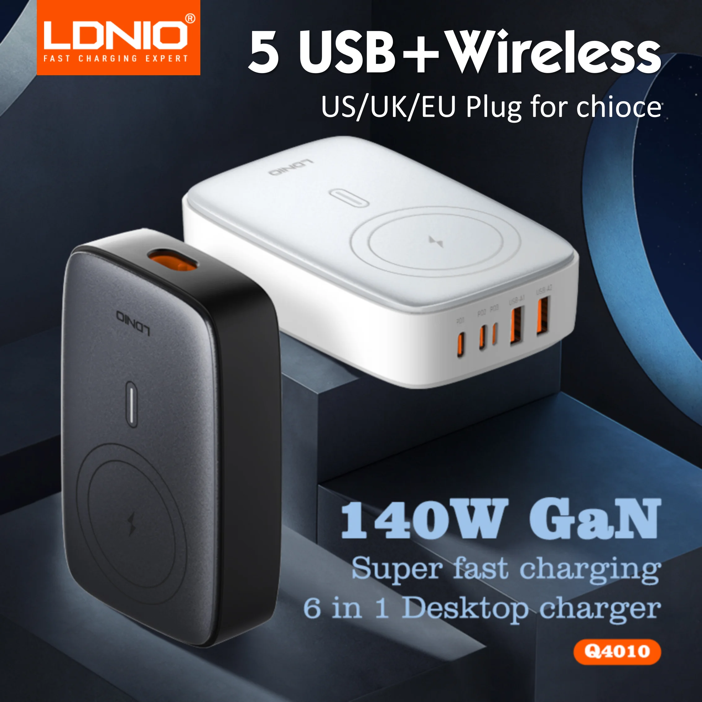 Station de Charge GaN 140W – 6-en-1 avec Charge Sans Fil