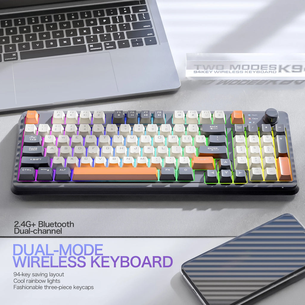 Clavier Gaming Sans Fil K94 – Double Connexion Bluetooth 5.0 & 2.4 GHz, Format Compact 95 Touches, Rétroéclairage LED Rainbow, Frappe Silencieuse & Design Épuré