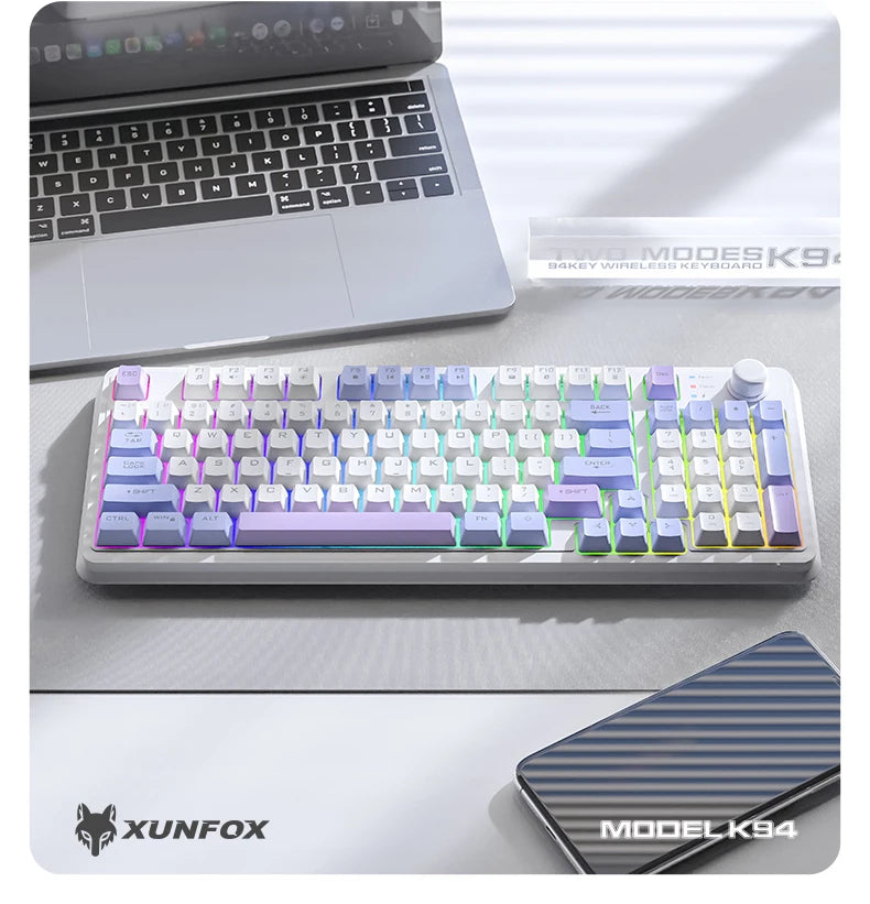 Clavier Gaming Sans Fil K94 – Double Connexion Bluetooth 5.0 & 2.4 GHz, Format Compact 95 Touches, Rétroéclairage LED Rainbow, Frappe Silencieuse & Design Épuré