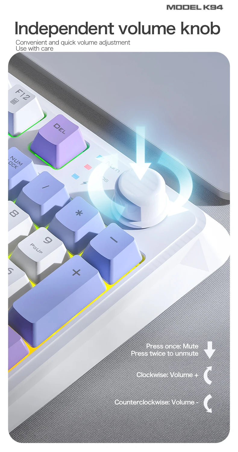 Clavier Gaming Sans Fil K94 – Double Connexion Bluetooth 5.0 & 2.4 GHz, Format Compact 95 Touches, Rétroéclairage LED Rainbow, Frappe Silencieuse & Design Épuré