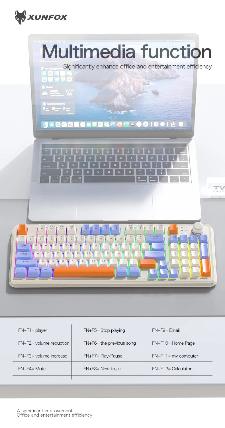 Clavier Gaming Sans Fil K94 – Double Connexion Bluetooth 5.0 & 2.4 GHz, Format Compact 95 Touches, Rétroéclairage LED Rainbow, Frappe Silencieuse & Design Épuré