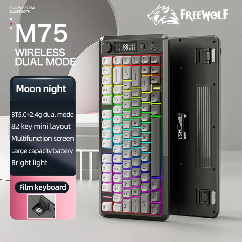 Clavier Gaming Sans Fil FreeWolf M75 – 82 Touches, OLED, RGB & Autonomie Renforcée