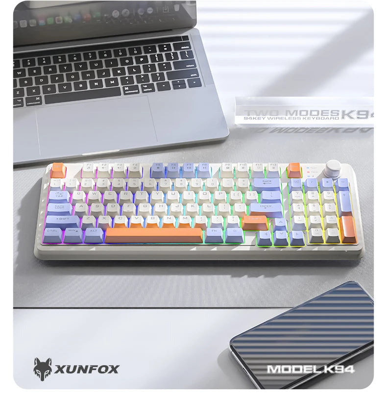 Clavier Gaming Sans Fil K94 – Double Connexion Bluetooth 5.0 & 2.4 GHz, Format Compact 95 Touches, Rétroéclairage LED Rainbow, Frappe Silencieuse & Design Épuré