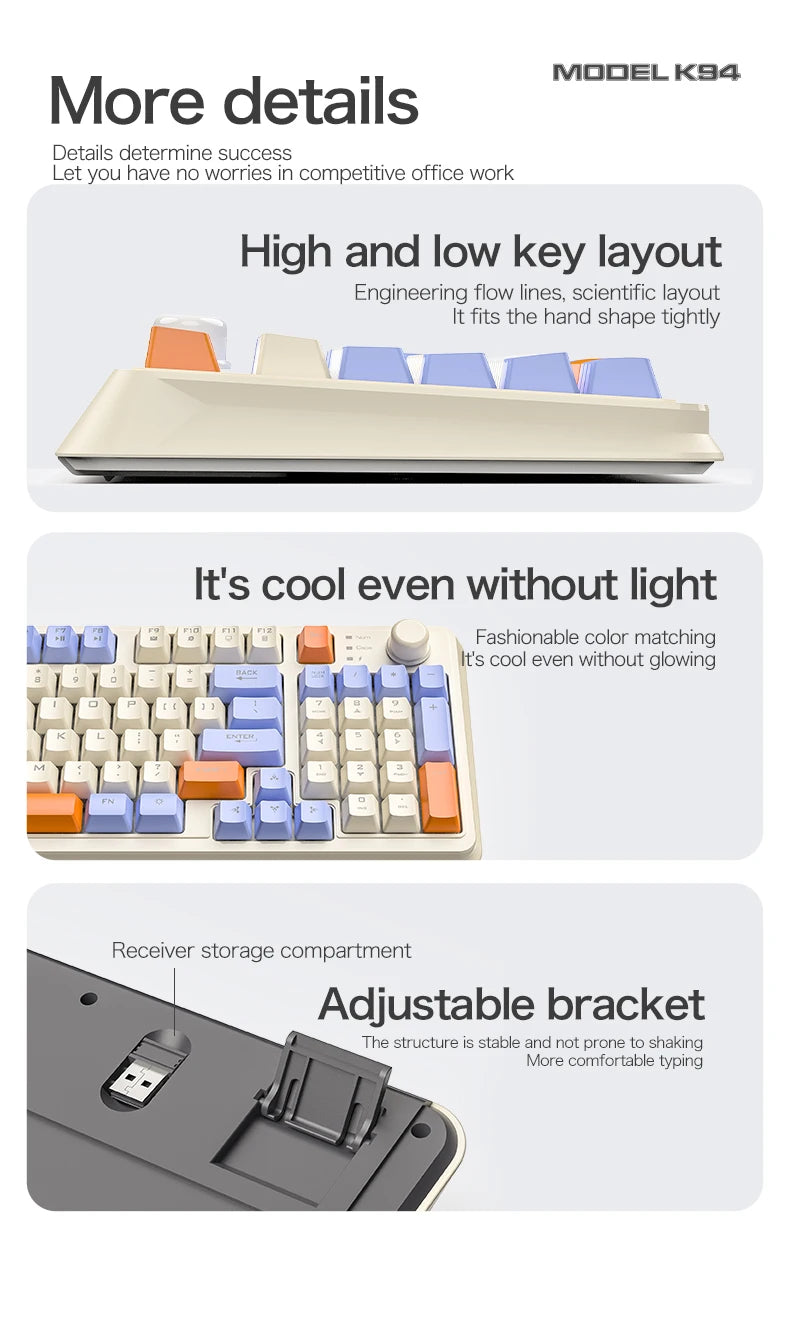 Clavier Gaming Sans Fil K94 – Double Connexion Bluetooth 5.0 & 2.4 GHz, Format Compact 95 Touches, Rétroéclairage LED Rainbow, Frappe Silencieuse & Design Épuré