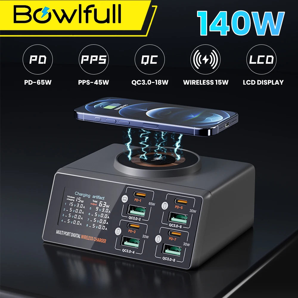 Station de Charge 140W – 4 USB-C, 4 USB-A, Sans Fil Magnétique & Écran LCD