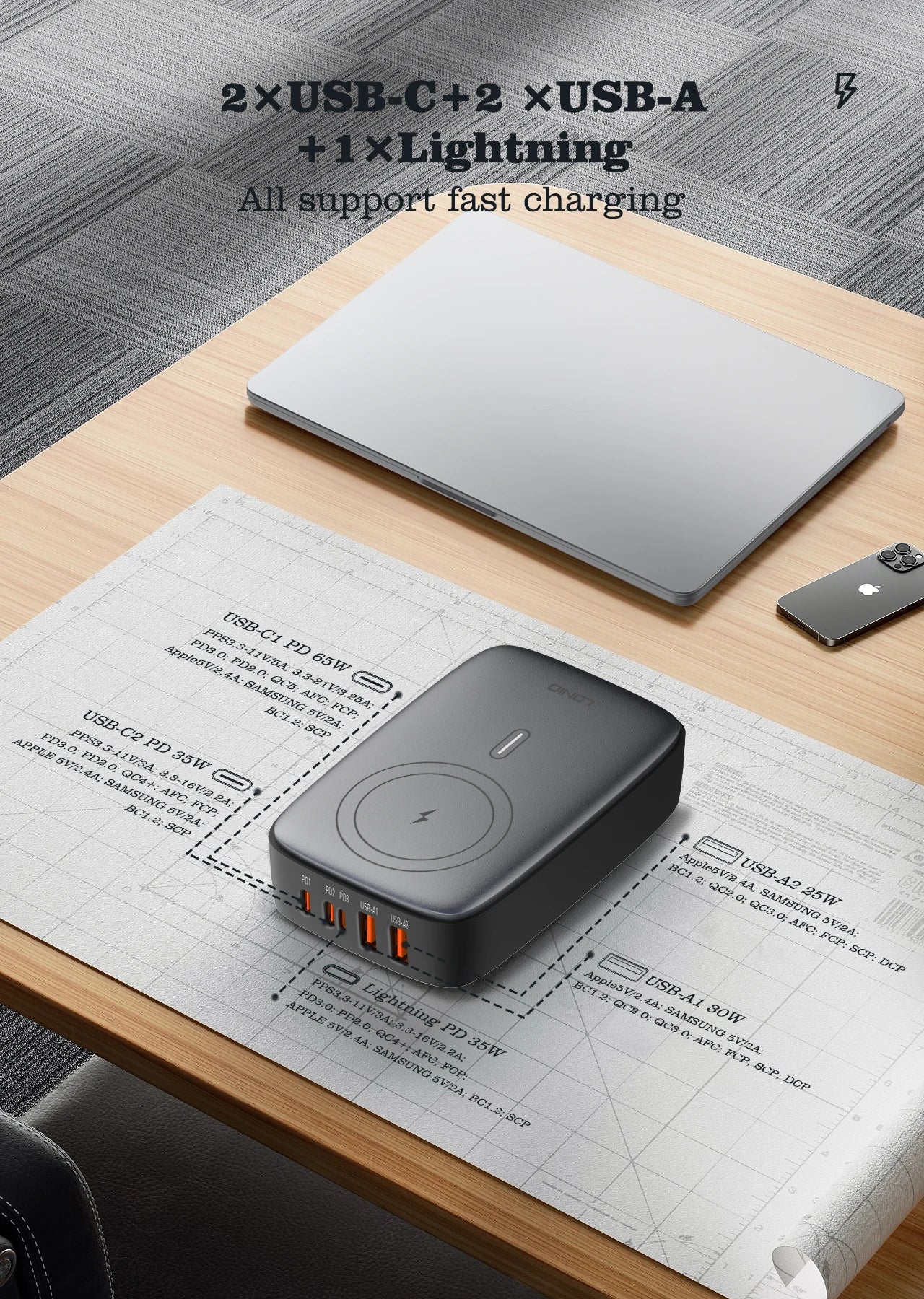 Station de Charge GaN 140W – 6-en-1 avec Charge Sans Fil