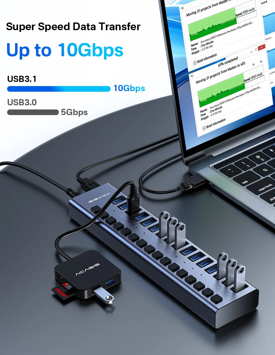 Hub USB Acasis 3.1 – 10 Gbps, Contrôle Total & Organisation Structurée (matériel PRO)