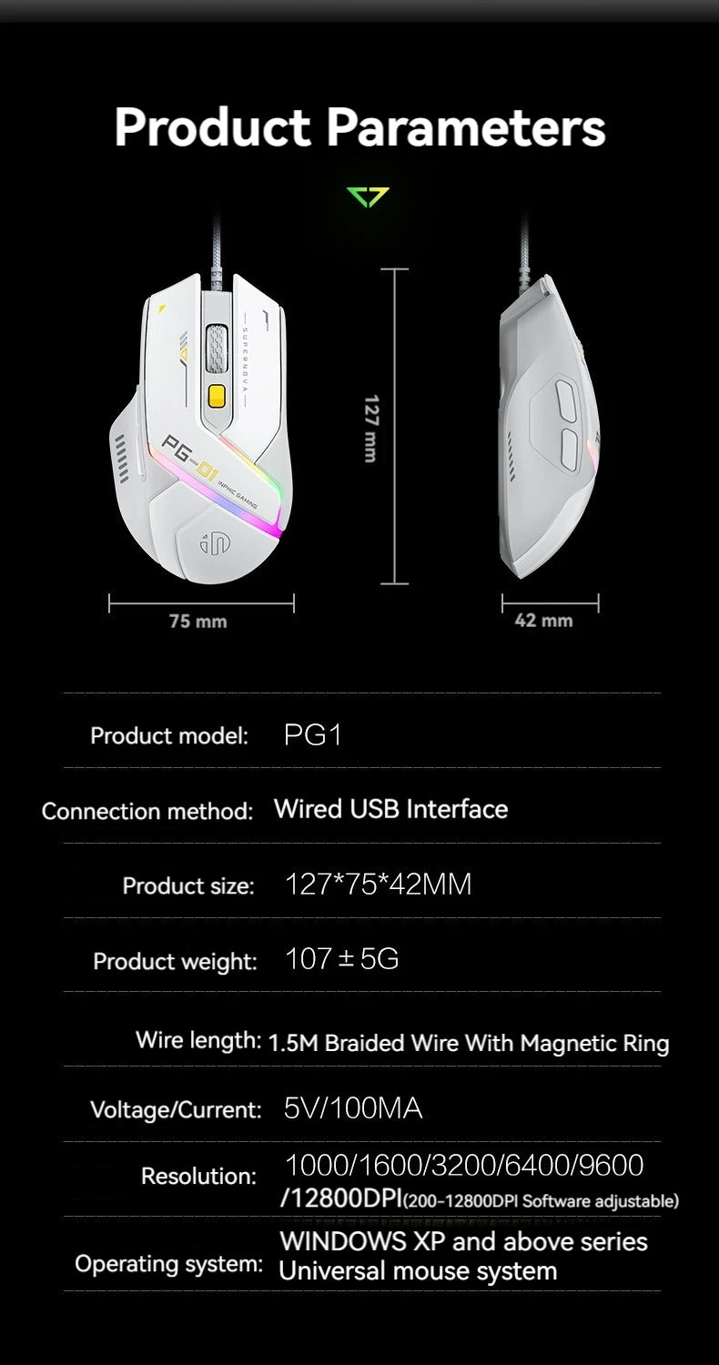 Souris Gaming Inphic PG1 – 12800 DPI, Macro & Précision Haute Fréquence