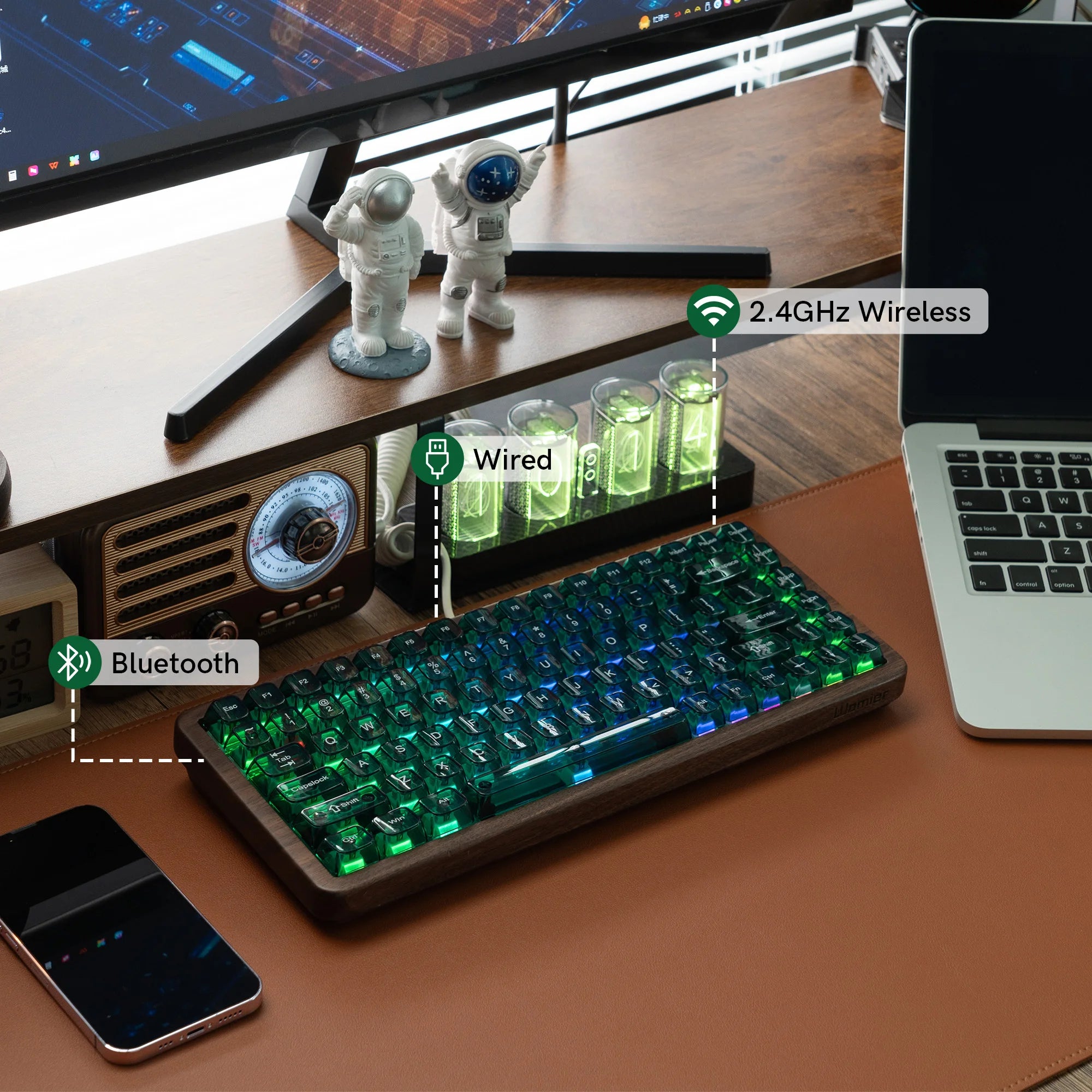 Clavier Mécanique bois minimaliste 75% Bois Noyer, Tri-Mode, VIA