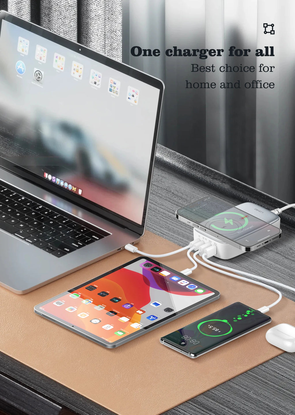 Station de Charge GaN 140W – 6-en-1 avec Charge Sans Fil