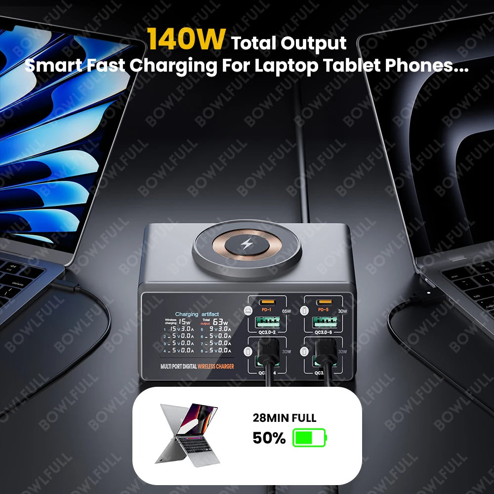 Station de Charge 140W – 4 USB-C, 4 USB-A, Sans Fil Magnétique & Écran LCD