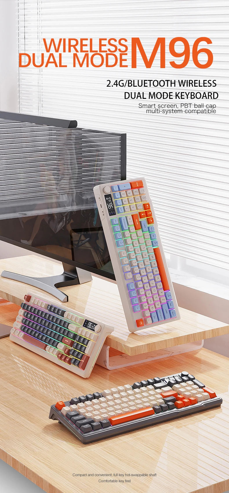 Clavier Sans Fil FreeWolf M96 – Écran Intégré & Connexion Multi-Appareils