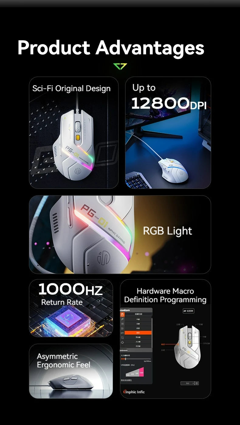 Souris Gaming Inphic PG1 – 12800 DPI, Macro & Précision Haute Fréquence