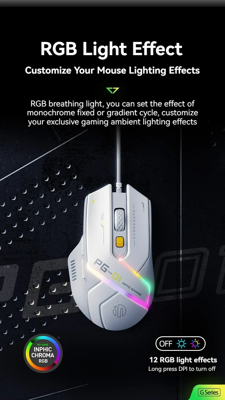 Souris Gaming Inphic PG1 – 12800 DPI, Macro & Précision Haute Fréquence