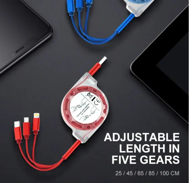 Câble USB Rétractable 3-en-1 – Charge & Données Compact