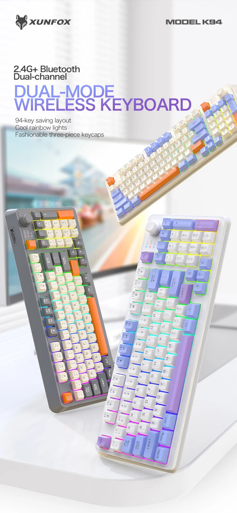 Clavier Gaming Sans Fil K94 – Double Connexion Bluetooth 5.0 & 2.4 GHz, Format Compact 95 Touches, Rétroéclairage LED Rainbow, Frappe Silencieuse & Design Épuré