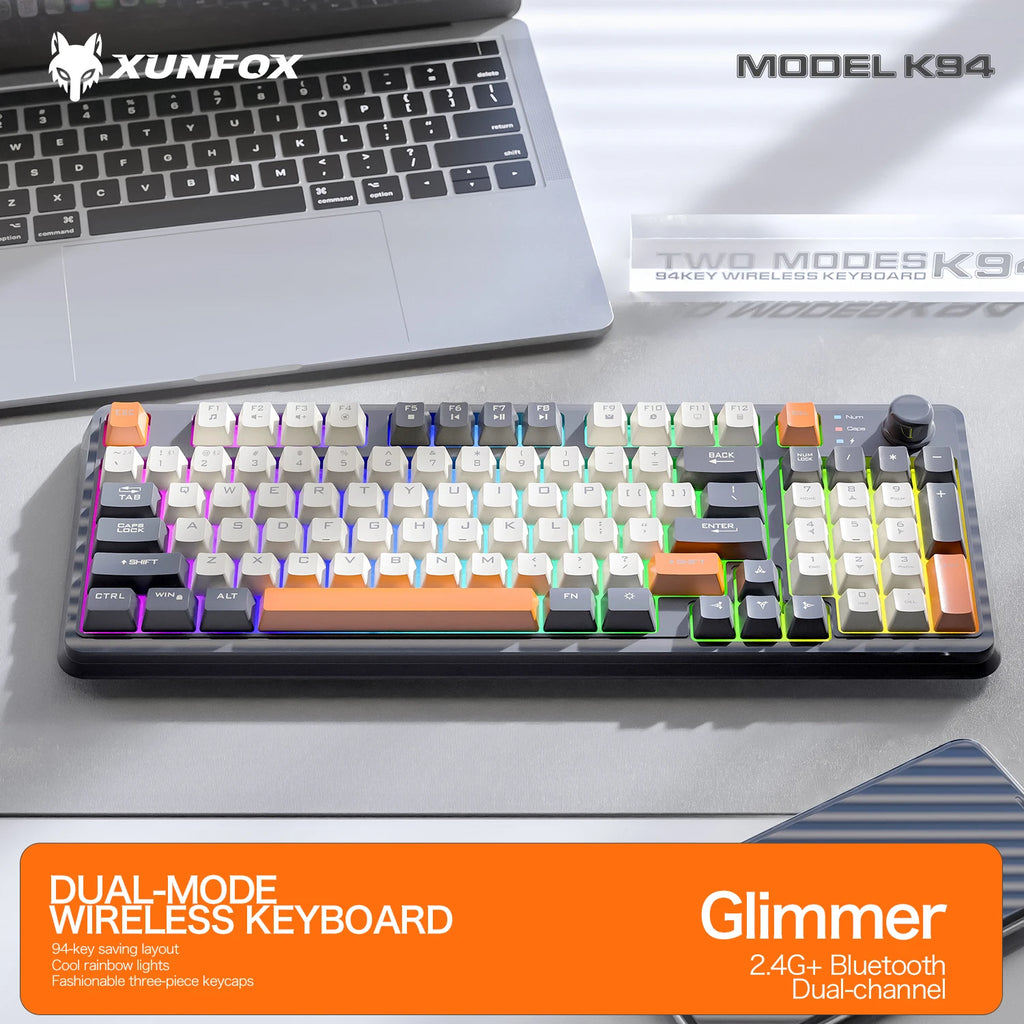 Clavier Gaming Sans Fil K94 – Double Connexion Bluetooth 5.0 & 2.4 GHz, Format Compact 95 Touches, Rétroéclairage LED Rainbow, Frappe Silencieuse & Design Épuré