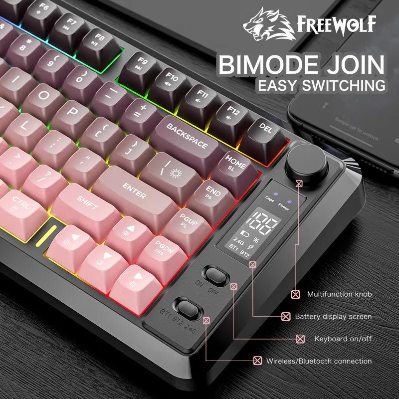 Clavier Gaming Sans Fil FreeWolf M75 – 82 Touches, OLED, RGB & Autonomie Renforcée