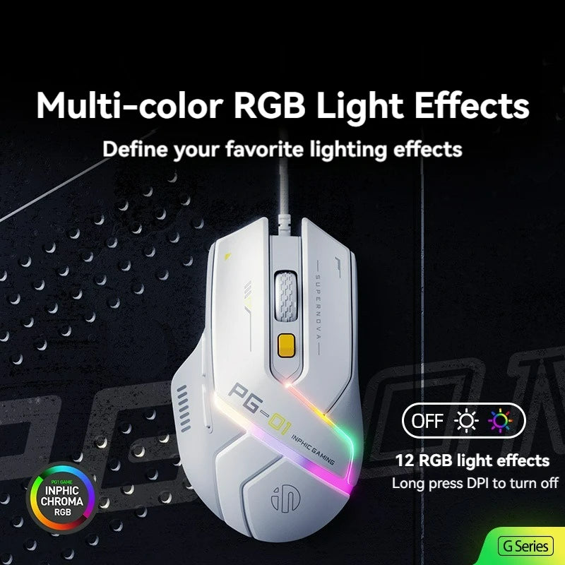 Souris Gaming Inphic PG1 – 12800 DPI, Macro & Précision Haute Fréquence