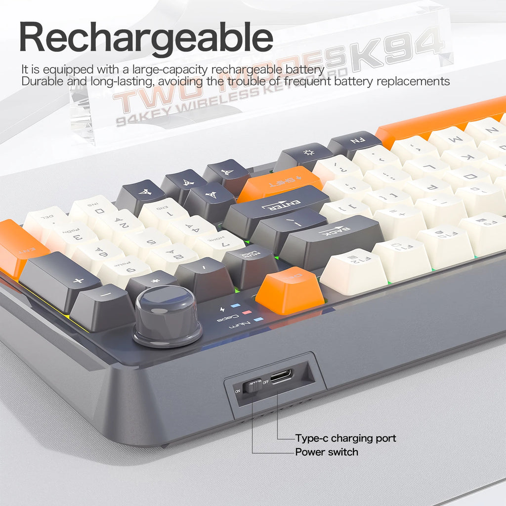 Clavier Gaming Sans Fil K94 – Double Connexion Bluetooth 5.0 & 2.4 GHz, Format Compact 95 Touches, Rétroéclairage LED Rainbow, Frappe Silencieuse & Design Épuré