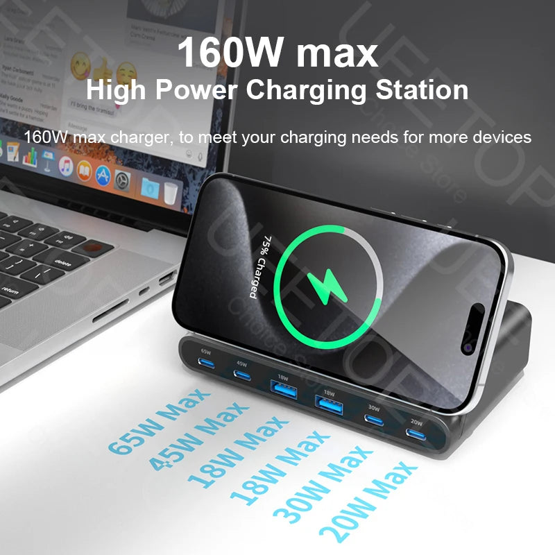 Station de Charge GaN 160W – Charge Sans Fil & USB-C PD