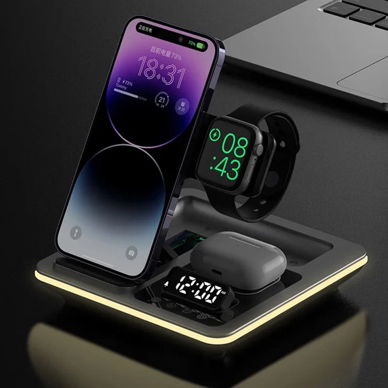 Station de Charge Sans Fil 5-en-1 Pliable avec Réveil & Éclairage LED