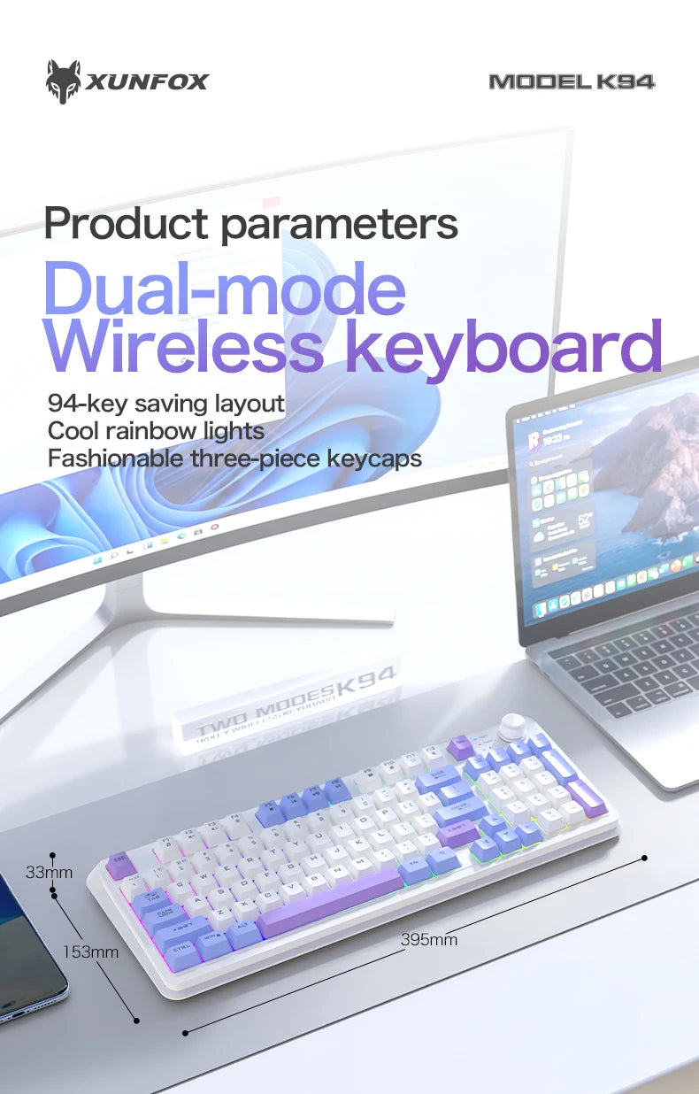 Clavier Gaming Sans Fil K94 – Double Connexion Bluetooth 5.0 & 2.4 GHz, Format Compact 95 Touches, Rétroéclairage LED Rainbow, Frappe Silencieuse & Design Épuré