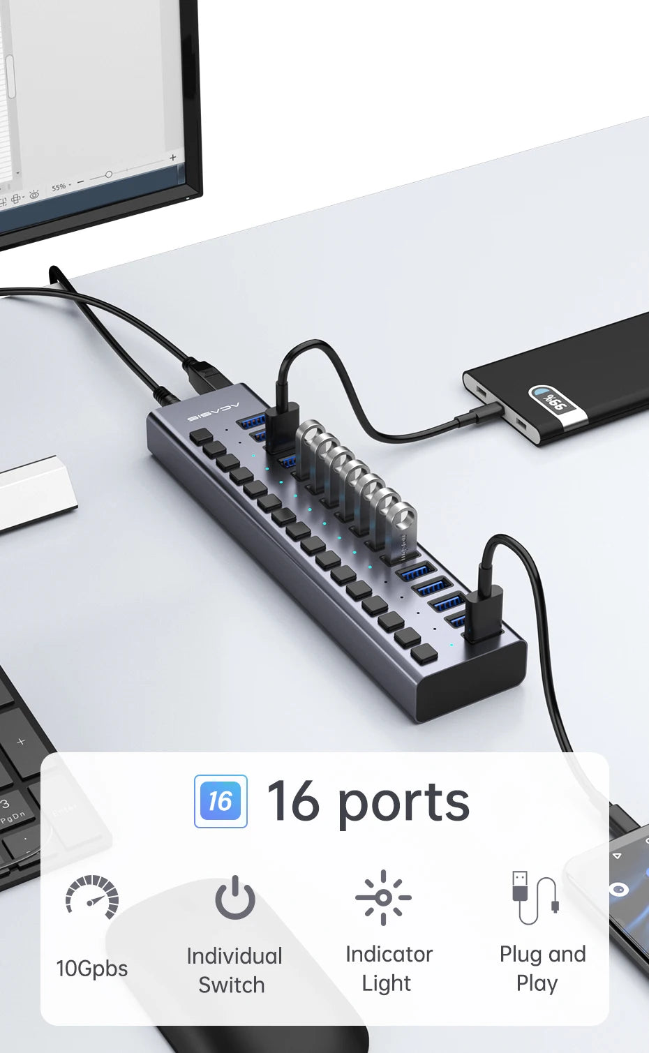 Hub USB Acasis 3.1 – 10 Gbps, Contrôle Total & Organisation Structurée (matériel PRO)