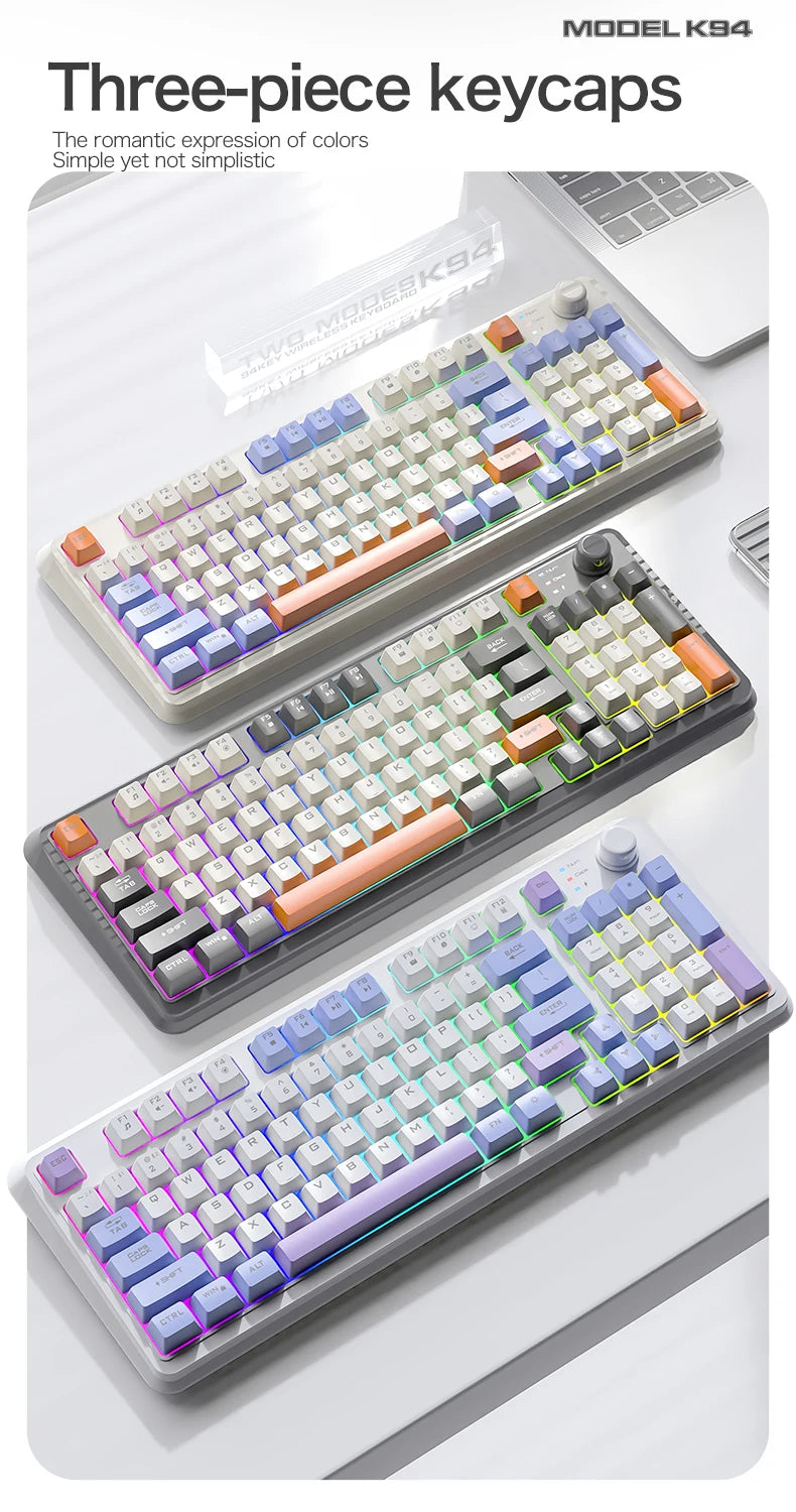 Clavier Gaming Sans Fil K94 – Double Connexion Bluetooth 5.0 & 2.4 GHz, Format Compact 95 Touches, Rétroéclairage LED Rainbow, Frappe Silencieuse & Design Épuré